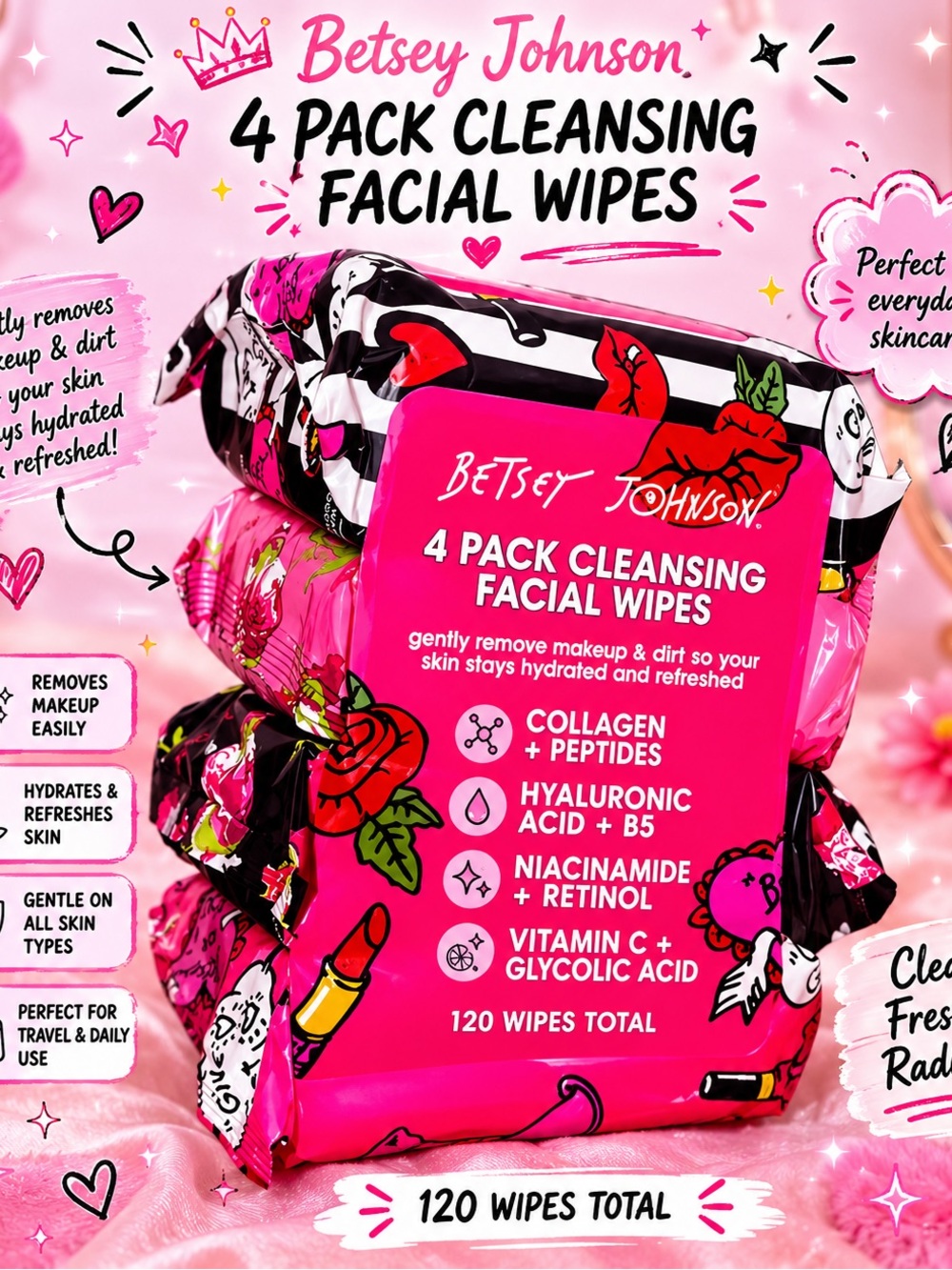 Betsey Johnson Pink & Black 4-Pack Cleansing Facial Wipes